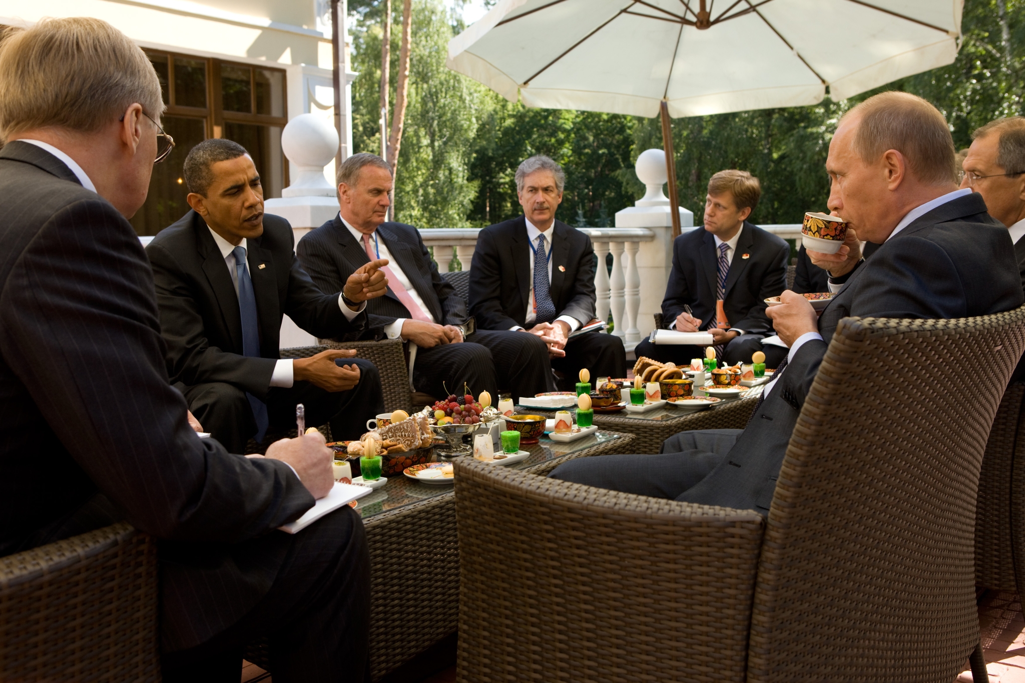 President Barack Obama and members of the American delegation, including National Security Advisor General Jim Jones, Under Secretary for Political Affairs Bill Burns, and NSC Senior Director for Russian Affairs Mike McFaul, meet with Prime Minister Vladimir Putin at his dacha outside Moscow, Russia, July 7, 2009.  (Official White House Photo by Pete Souza)