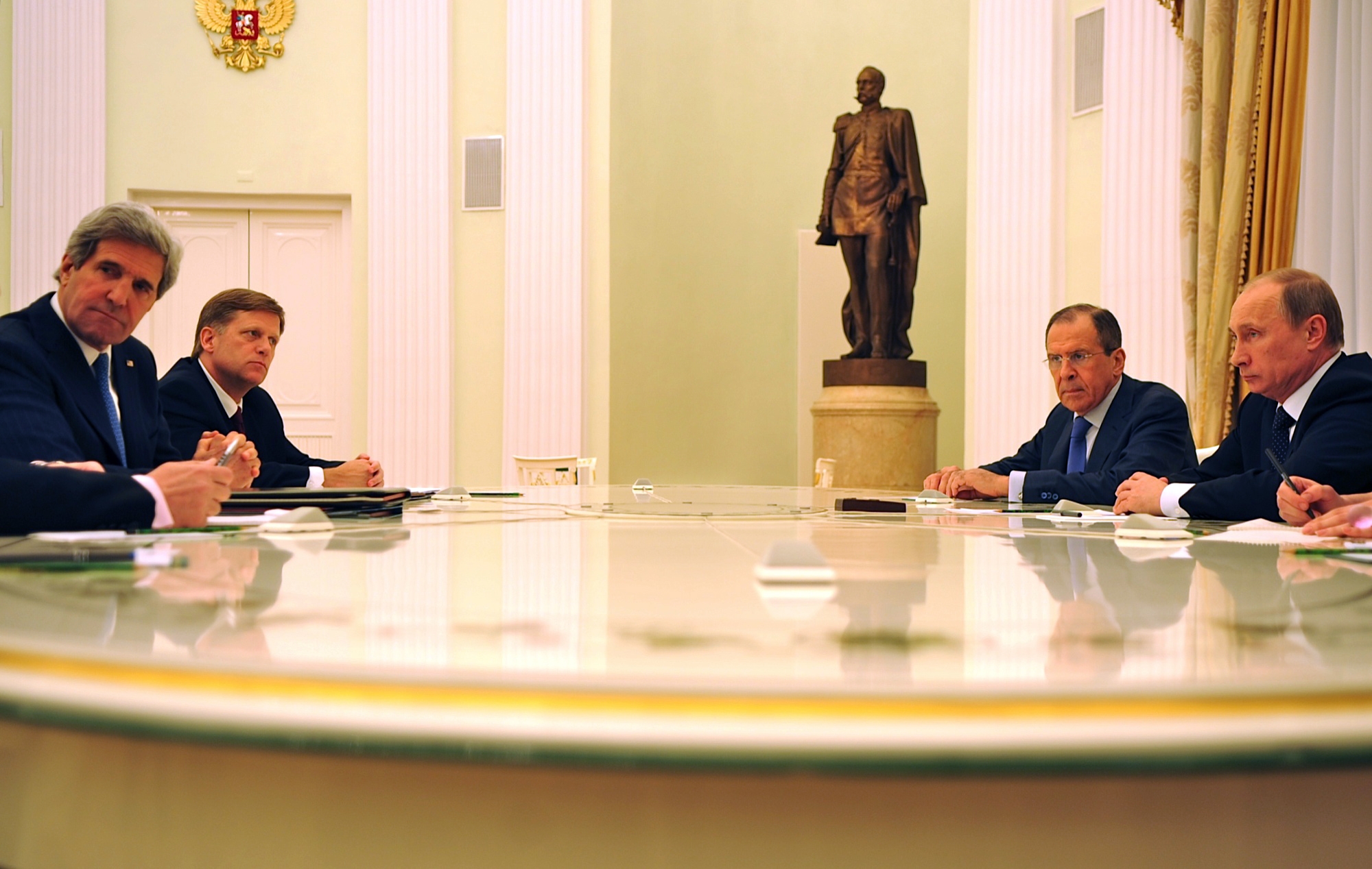 U.S. Secretary of State John Kerry, accompanied by U.S. Ambassador to Russia Michael McFaul meets with Russian President Vladimir Putin and Russian Foreign Minister Sergey Lavrov in Moscow, Russia, on May 7, 2013. [State Department photo/ Public Domain]