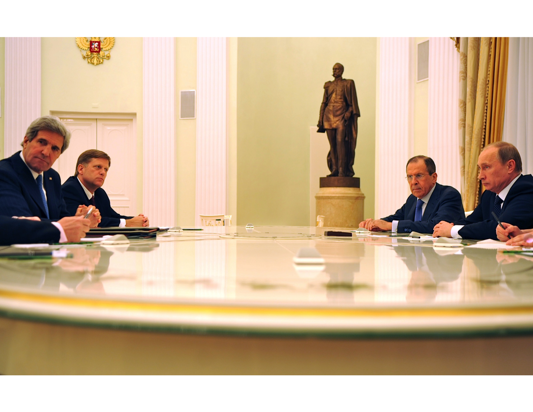 U.S. Secretary of State John Kerry, accompanied by U.S. Ambassador to Russia Michael McFaul meets with Russian President Vladimir Putin and Russian Foreign Minister Sergey Lavrov in Moscow, Russia, on May 7, 2013. [State Department photo/ Public Domain]